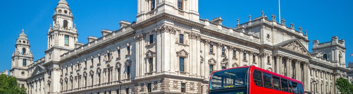 street view of London with double decker bus