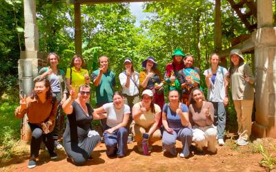 group of study abroad students posing with peace signs 